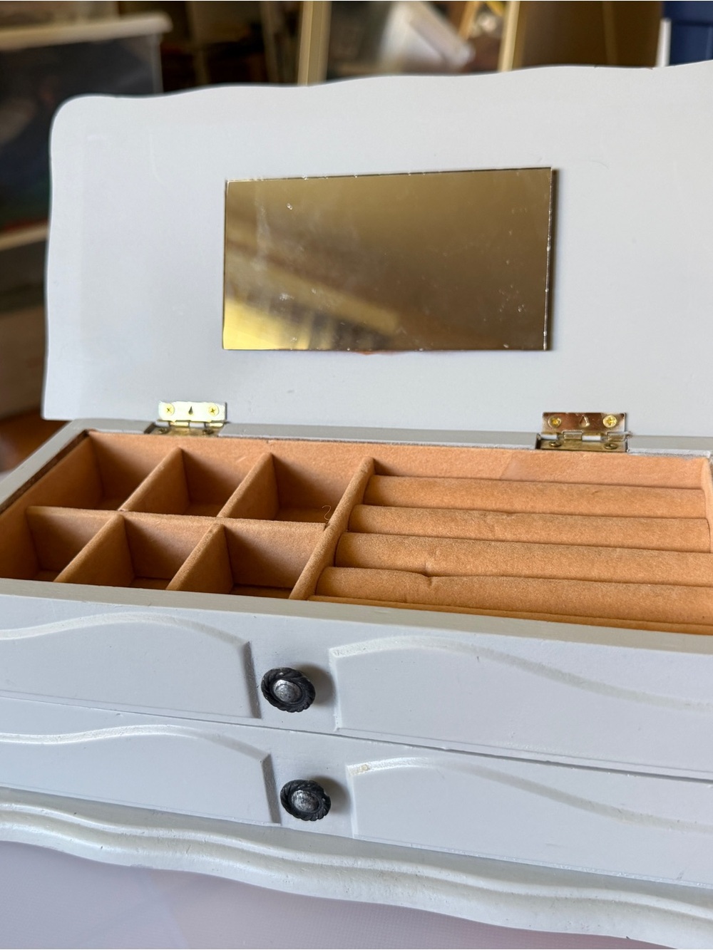 Grey Painted Jewelry Organizer Box with Tan Interior